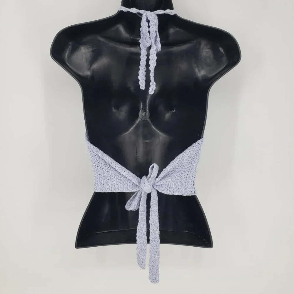 3/$25 Kendall & Kylie Crochet Knit Cropped Halter Top L Boho Backless Ties Blue - Picture 2 of 7